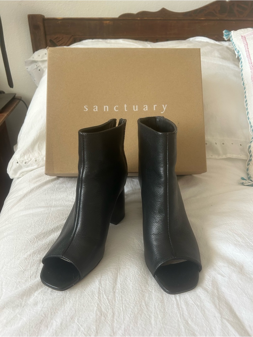 Sanctuary Black Peep-Toe Block Heel Ankle Boots
